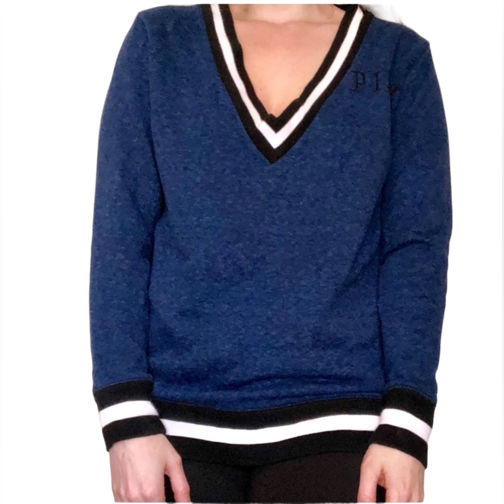 Victoria’s Secret PINK Varsity Deep V-Neck Blue Preppy Pullover Sweater Size XS